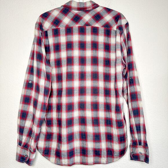 Vince Red Navy Gray Plaid Cotton Button Down Shirt Men’s Large - Picture 7 of 10